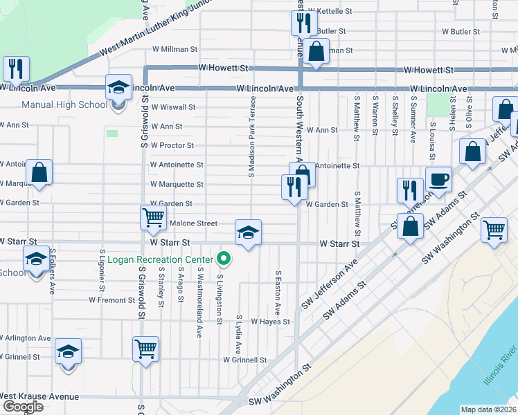 map of restaurants, bars, coffee shops, grocery stores, and more near 2016 West Garden Street in Peoria