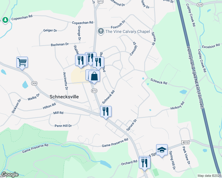 map of restaurants, bars, coffee shops, grocery stores, and more near 5004 Shawnee Boulevard in Schnecksville