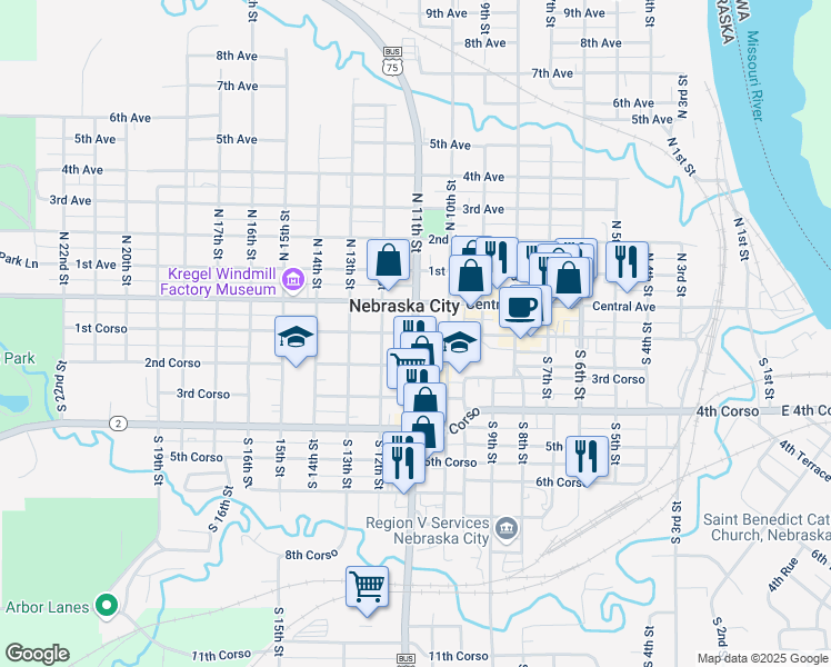 map of restaurants, bars, coffee shops, grocery stores, and more near South 11th Street & 1st Corso in Nebraska City