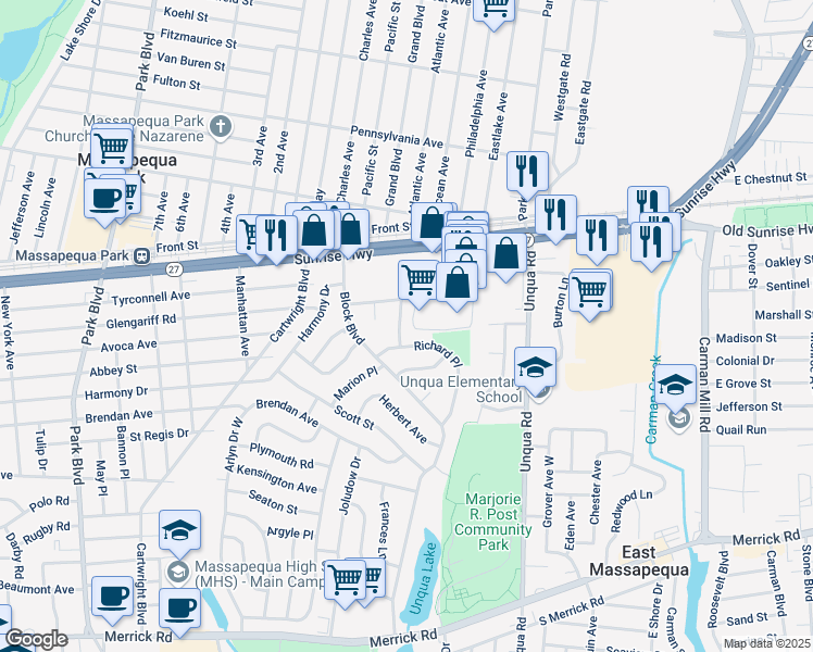 map of restaurants, bars, coffee shops, grocery stores, and more near 2 Jackson Avenue in Massapequa Park