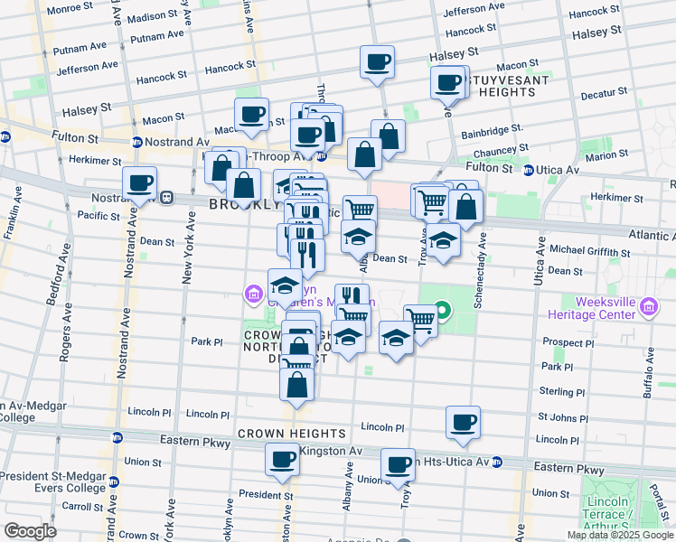 map of restaurants, bars, coffee shops, grocery stores, and more near 1349 Bergen Street in Brooklyn