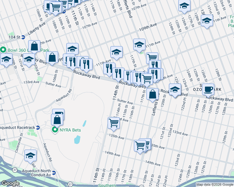 map of restaurants, bars, coffee shops, grocery stores, and more near 114-63 114th Street in Queens