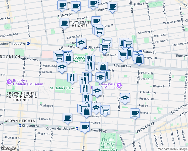 map of restaurants, bars, coffee shops, grocery stores, and more near 1754 Dean Street in Brooklyn