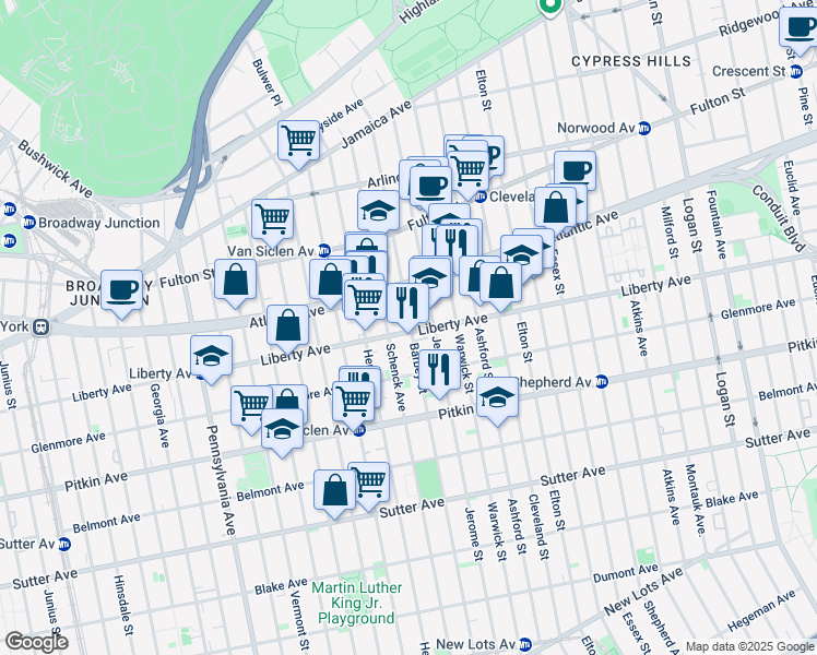 map of restaurants, bars, coffee shops, grocery stores, and more near 572 Liberty Avenue in Brooklyn