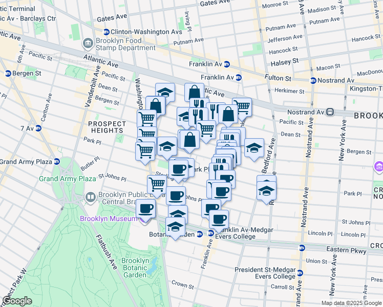map of restaurants, bars, coffee shops, grocery stores, and more near Prospect Pl & Classon Ave in Brooklyn