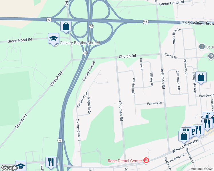 map of restaurants, bars, coffee shops, grocery stores, and more near 5120 Wisteria Drive in Easton