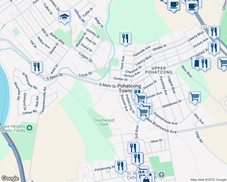 map of restaurants, bars, coffee shops, grocery stores, and more near 1406 Zellers Alley in Phillipsburg