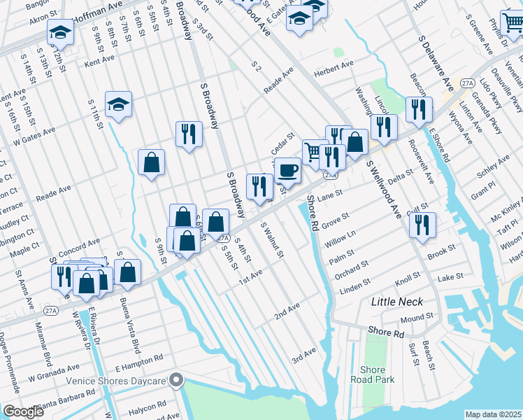 map of restaurants, bars, coffee shops, grocery stores, and more near 330 New York 27A in Lindenhurst