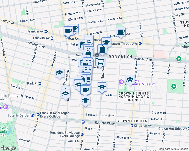 map of restaurants, bars, coffee shops, grocery stores, and more near 725 Saint Marks Avenue in Brooklyn