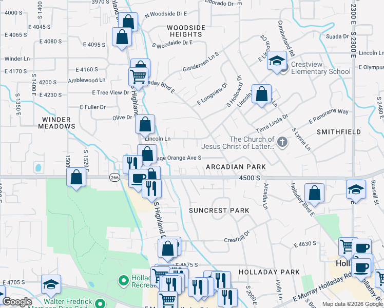 map of restaurants, bars, coffee shops, grocery stores, and more near 1861 Osage Orange Avenue South in Holladay