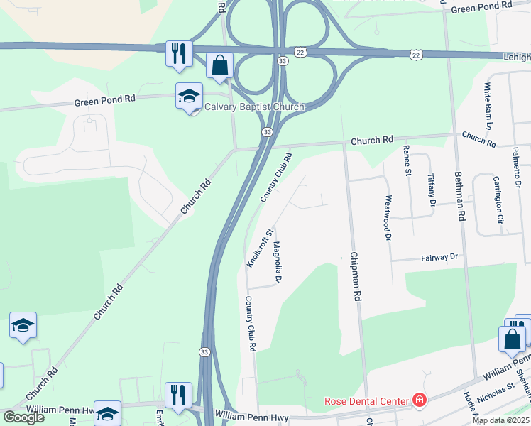 map of restaurants, bars, coffee shops, grocery stores, and more near 3700 Country Club Road in Easton
