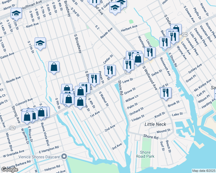 map of restaurants, bars, coffee shops, grocery stores, and more near 616 Pecan Street in Lindenhurst