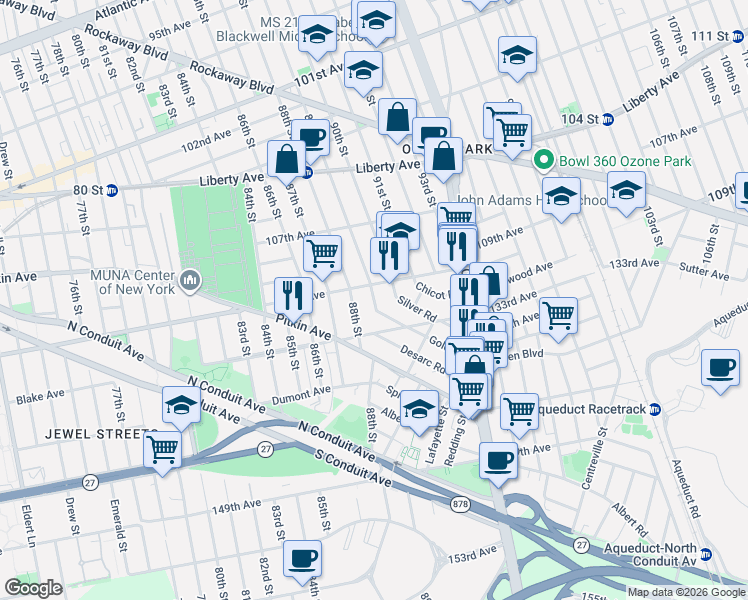 map of restaurants, bars, coffee shops, grocery stores, and more near 132-24 89th Street in Queens