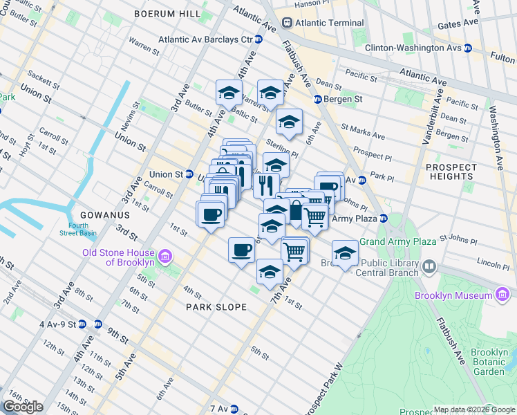 map of restaurants, bars, coffee shops, grocery stores, and more near 740A Union Street in Brooklyn