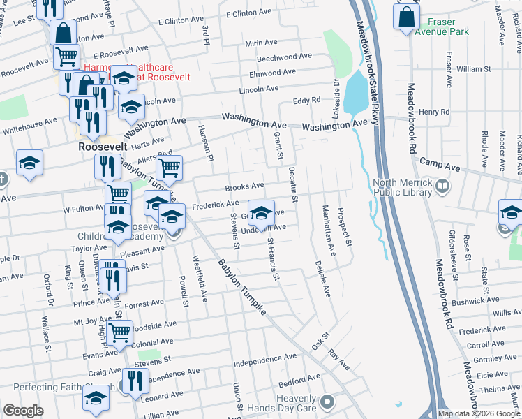 map of restaurants, bars, coffee shops, grocery stores, and more near 68 Gormley Avenue in Roosevelt