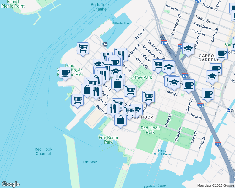 map of restaurants, bars, coffee shops, grocery stores, and more near 48 Dikeman Street in Brooklyn