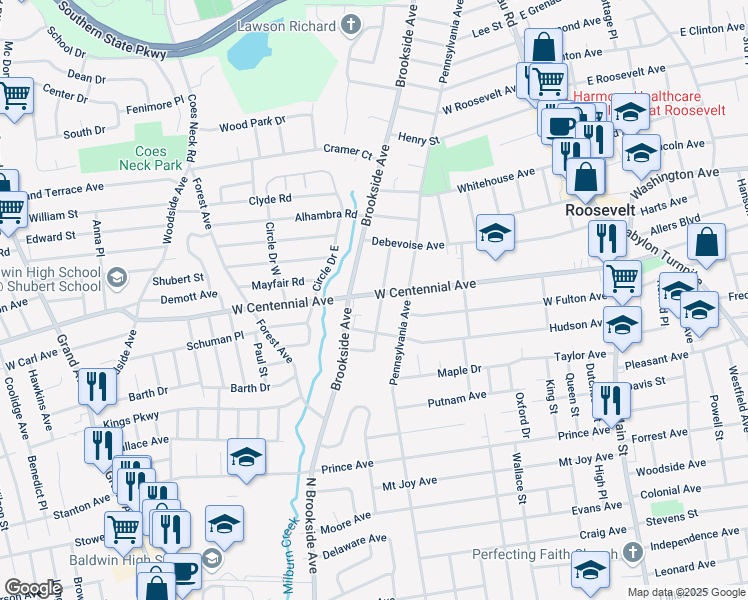 map of restaurants, bars, coffee shops, grocery stores, and more near 230 Brookside Avenue in Roosevelt