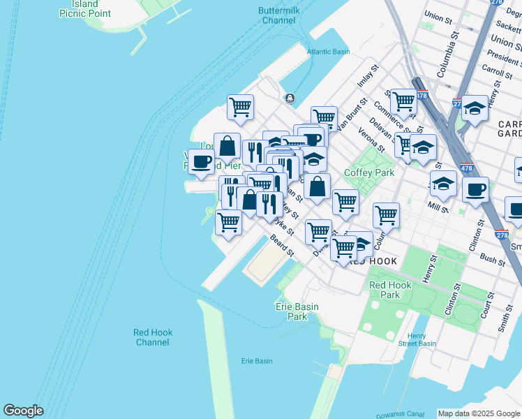 map of restaurants, bars, coffee shops, grocery stores, and more near 405 Van Brunt Street in Brooklyn
