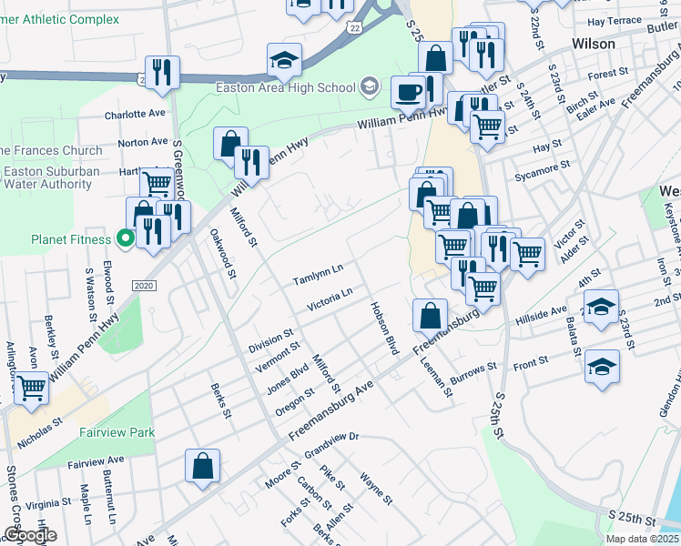 map of restaurants, bars, coffee shops, grocery stores, and more near 2712 Tamlynn Lane in Easton