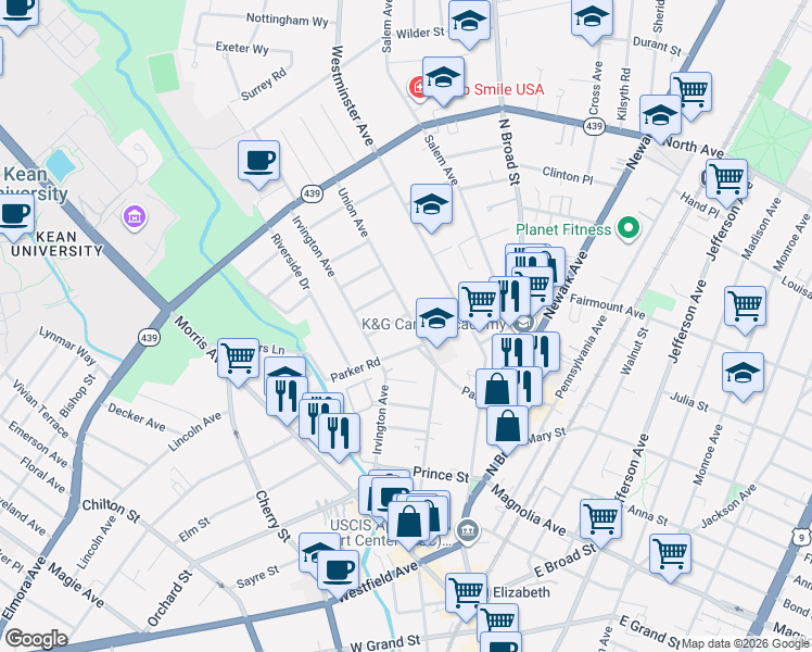 map of restaurants, bars, coffee shops, grocery stores, and more near 524 Union Avenue in Elizabeth
