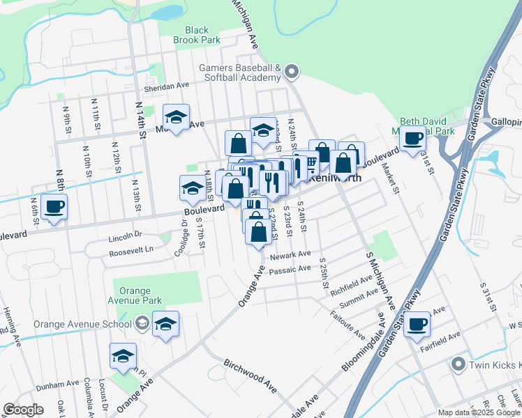 map of restaurants, bars, coffee shops, grocery stores, and more near 15 South 22nd Street in Kenilworth