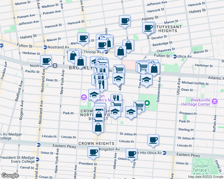 map of restaurants, bars, coffee shops, grocery stores, and more near 1362A Bergen Street in Brooklyn