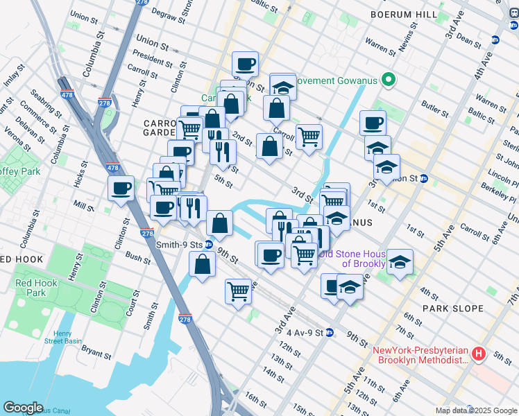 map of restaurants, bars, coffee shops, grocery stores, and more near 110 5th Street in Brooklyn