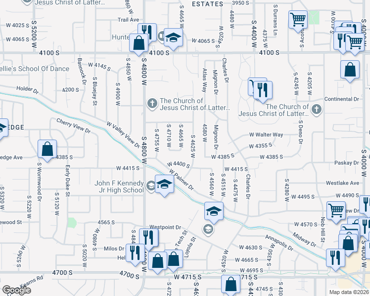 map of restaurants, bars, coffee shops, grocery stores, and more near 4369 South 4665 West in West Valley City