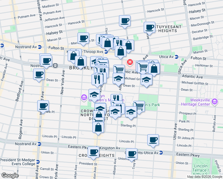 map of restaurants, bars, coffee shops, grocery stores, and more near 1362A Bergen Street in Brooklyn