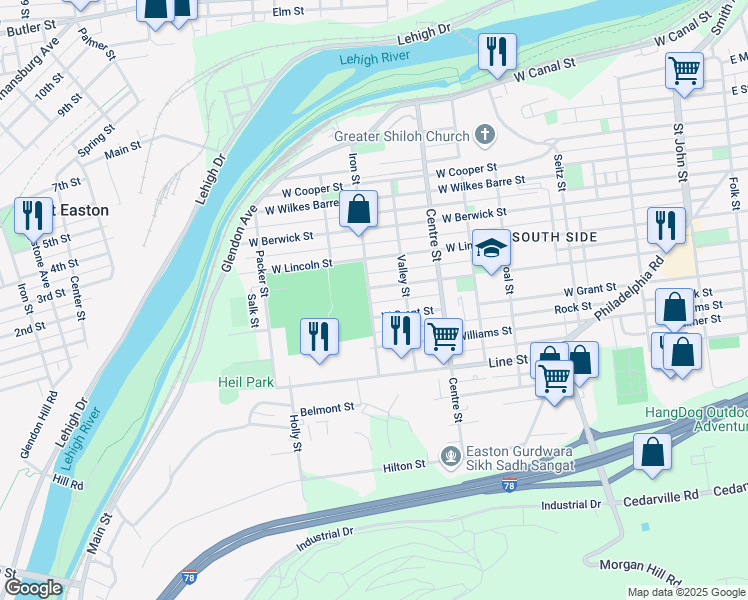 map of restaurants, bars, coffee shops, grocery stores, and more near 849 West Grant Street in Easton