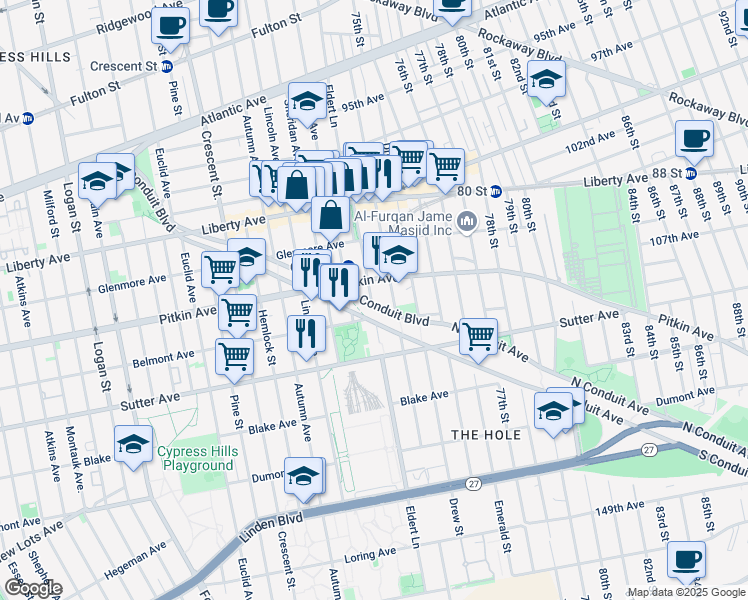 map of restaurants, bars, coffee shops, grocery stores, and more near 611 Eldert Lane in Brooklyn