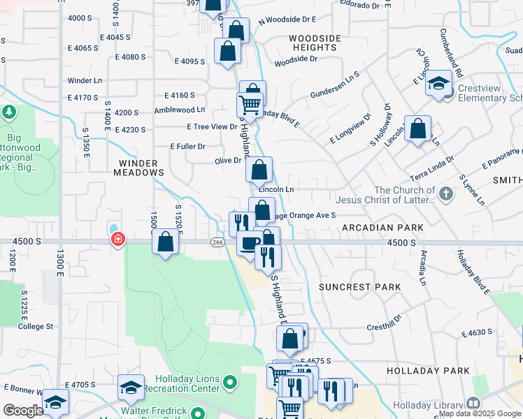 map of restaurants, bars, coffee shops, grocery stores, and more near 1765 Osage Orange Avenue South in Holladay