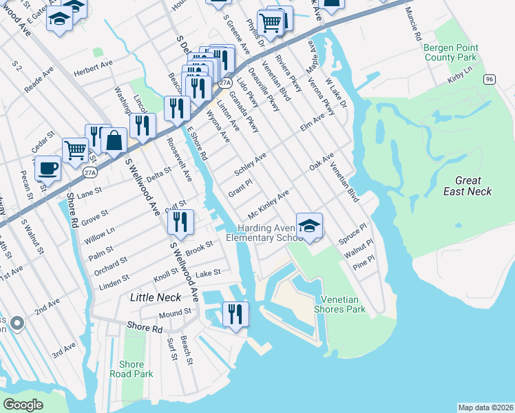 map of restaurants, bars, coffee shops, grocery stores, and more near 8 Mc Kinley Avenue in Lindenhurst