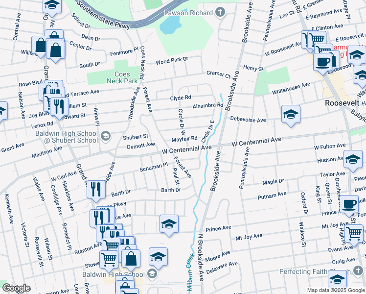 map of restaurants, bars, coffee shops, grocery stores, and more near 998 Centennial Avenue in Baldwin