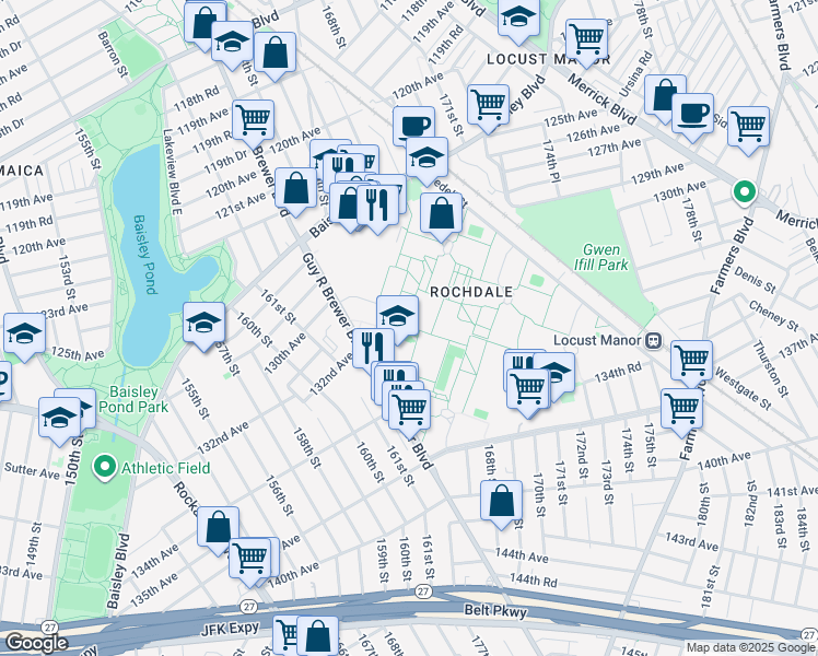 map of restaurants, bars, coffee shops, grocery stores, and more near 133-39 Guy R Brewer Boulevard in Queens