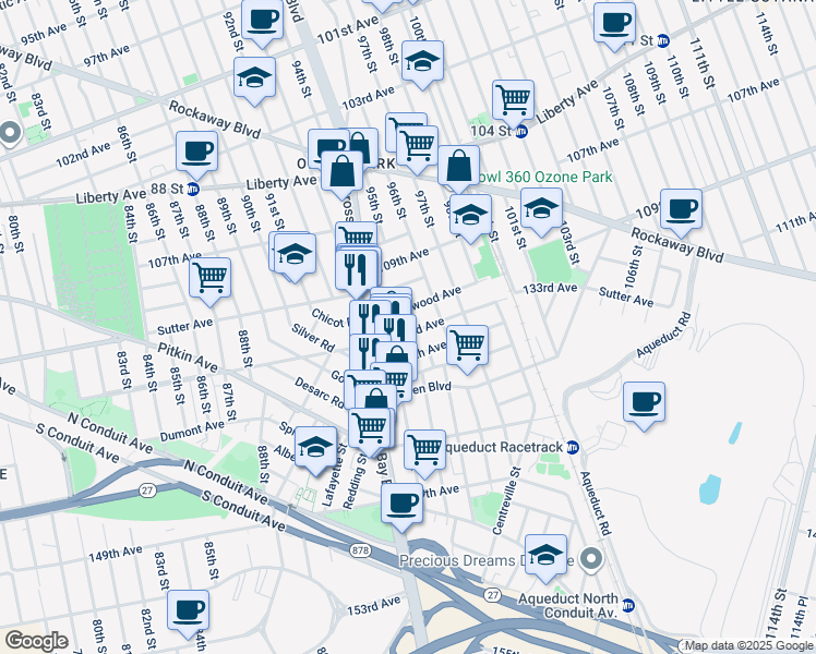 map of restaurants, bars, coffee shops, grocery stores, and more near 94-34 133rd Avenue in Queens