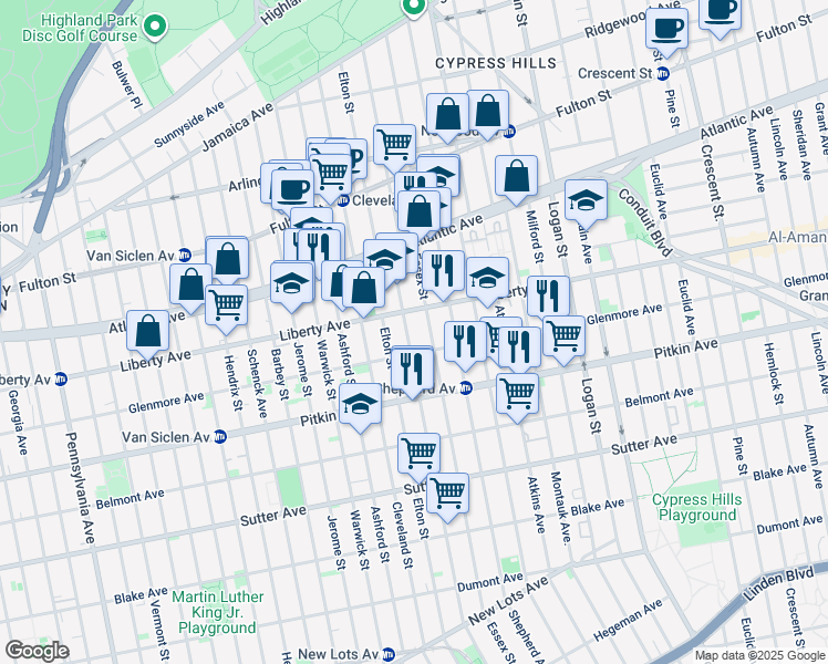 map of restaurants, bars, coffee shops, grocery stores, and more near 753 Glenmore Avenue in Brooklyn
