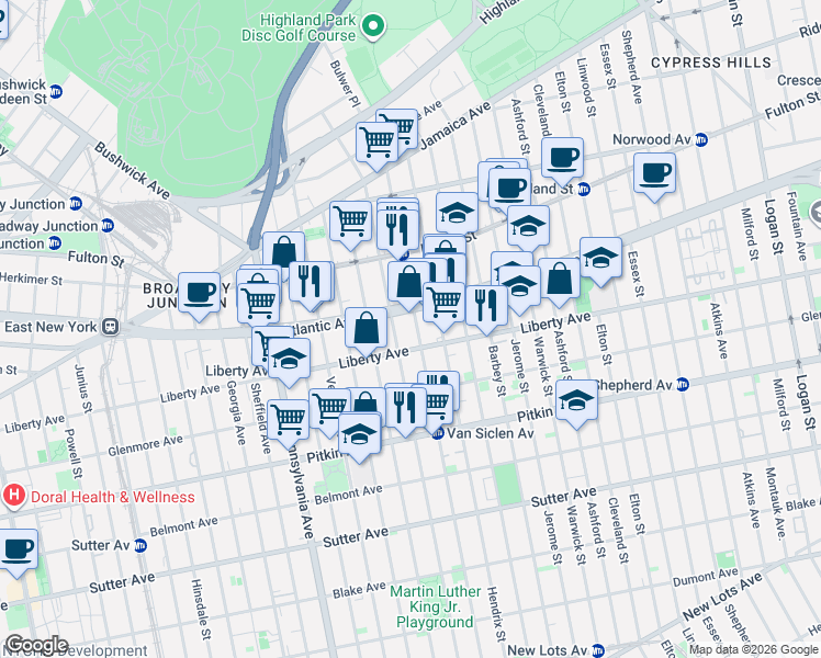 map of restaurants, bars, coffee shops, grocery stores, and more near 495 Liberty Avenue in Brooklyn