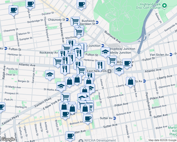 map of restaurants, bars, coffee shops, grocery stores, and more near 124 Sackman Street in Brooklyn