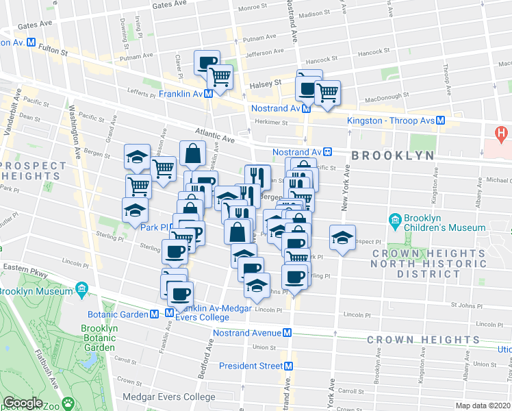 map of restaurants, bars, coffee shops, grocery stores, and more near 1391 Bedford Avenue in Brooklyn
