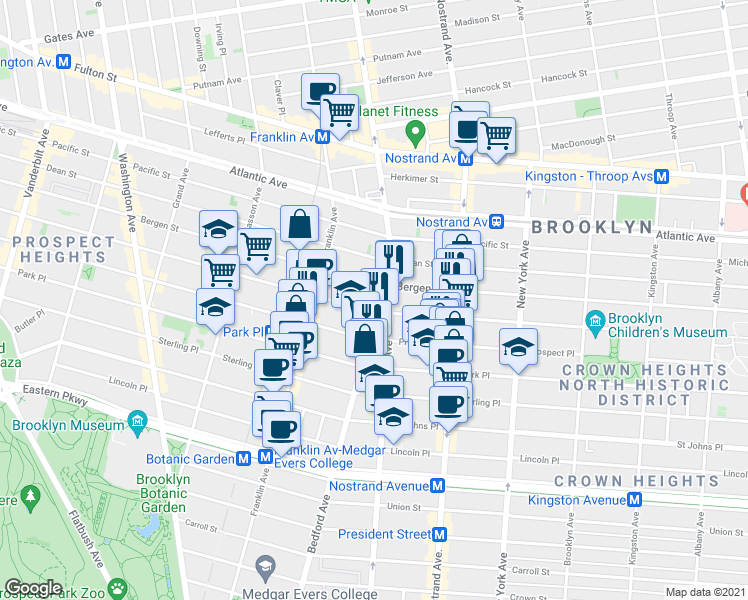 map of restaurants, bars, coffee shops, grocery stores, and more near 1391 Bedford Avenue in Brooklyn
