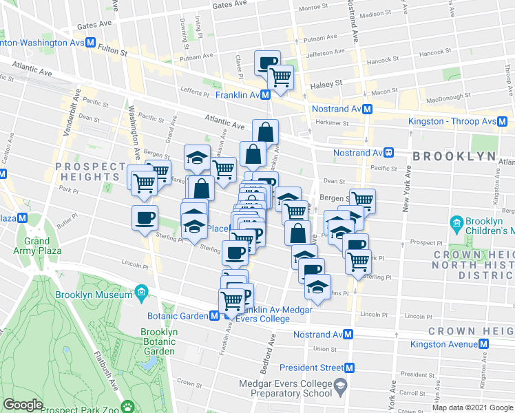 map of restaurants, bars, coffee shops, grocery stores, and more near 671 Franklin Avenue in Brooklyn