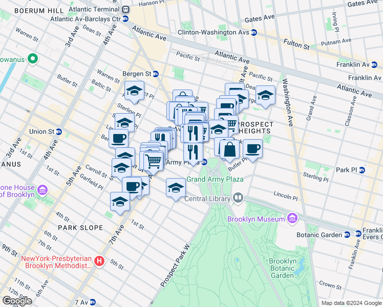 map of restaurants, bars, coffee shops, grocery stores, and more near 232 Saint Johns Place in Brooklyn