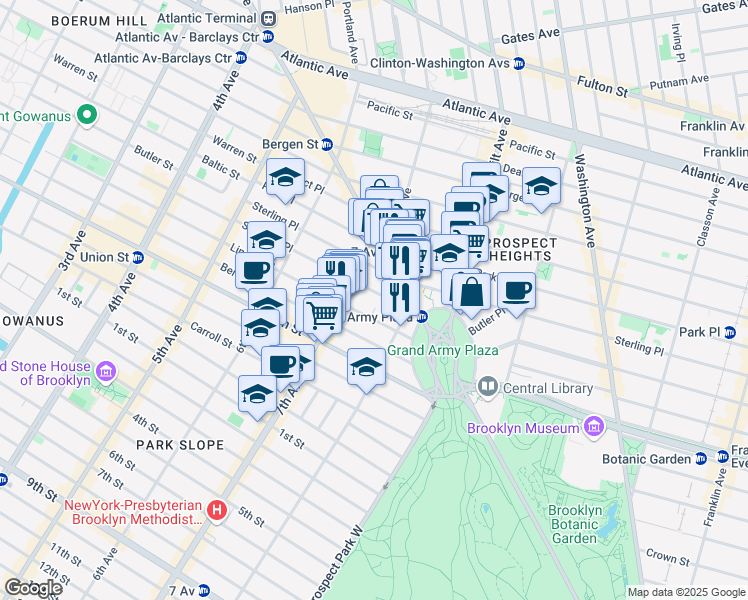 map of restaurants, bars, coffee shops, grocery stores, and more near 232 Saint Johns Place in Brooklyn