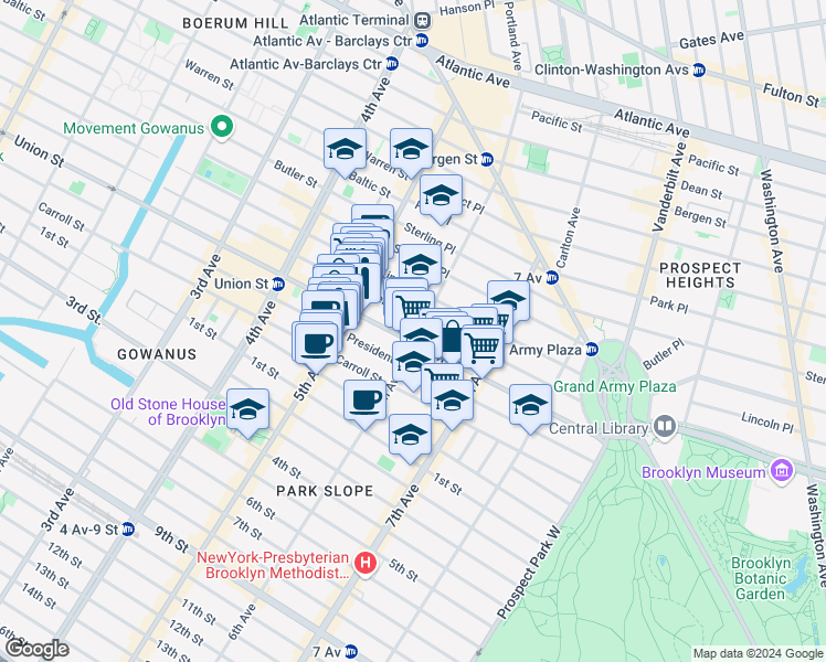 map of restaurants, bars, coffee shops, grocery stores, and more near 740A Union Street in Brooklyn