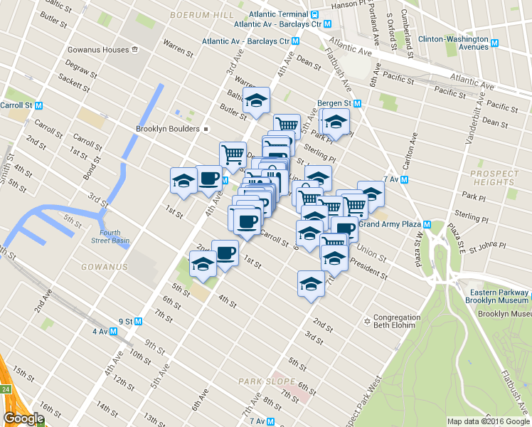 map of restaurants, bars, coffee shops, grocery stores, and more near 687 President Street in Brooklyn