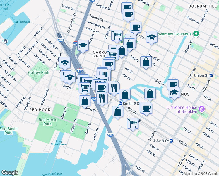 map of restaurants, bars, coffee shops, grocery stores, and more near 489 Court Street in Brooklyn