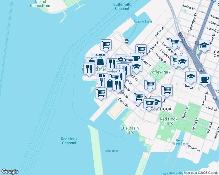 map of restaurants, bars, coffee shops, grocery stores, and more near 167 Beard Street in Brooklyn