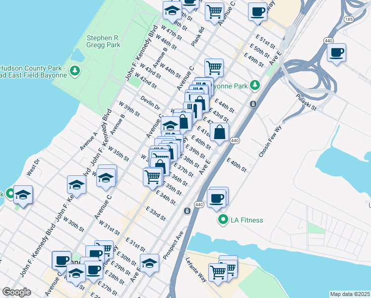 map of restaurants, bars, coffee shops, grocery stores, and more near 15 East 38th Street in Bayonne