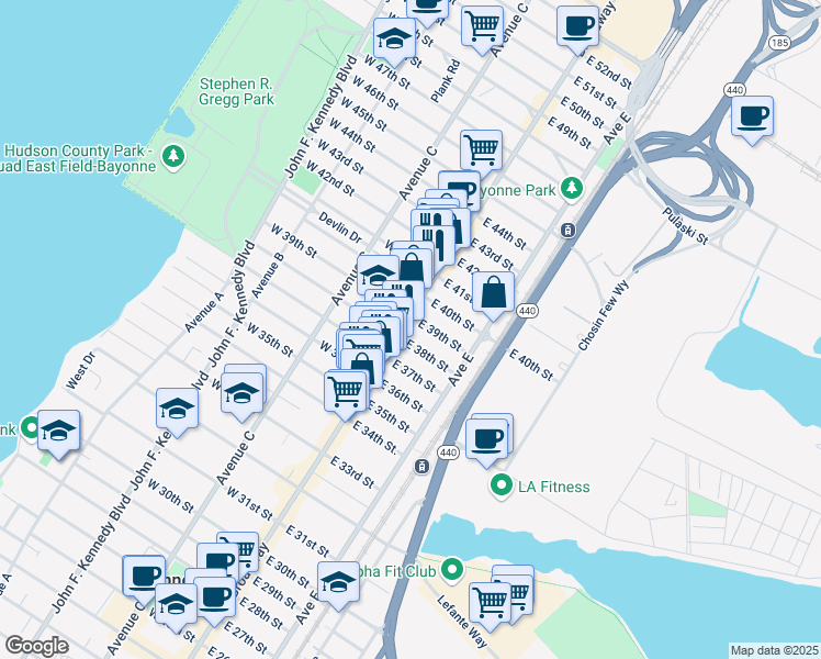 map of restaurants, bars, coffee shops, grocery stores, and more near 15 East 38th Street in Bayonne